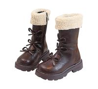 Size 12 Girls Boots Mid Calf Combat Ankle Boots Winter Side Zipper PU Leather Riding Boot with Bowknot Tall Boot Dress Shoes for Toddler Little Kid Big Kid Brown