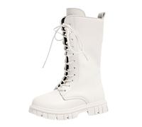 Size 13 Girl's Lace up Mid Calf Boots Cute Faux Leather Side Zipper Low Heel Platform Lug Sole Mid Calf Combat Boot Shoes Tall Boot Dress Shoes for Little Kid Big Kid Cream