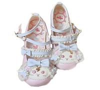 Size 2.5 Girl's Japanese Sweet Lolita Low Chunky Heels Mary Jane Round Toe Bow Strappy Kawaii Princess Shoes Pumps Cute Ankle Strap Wedding Lace Pumps Light Pink