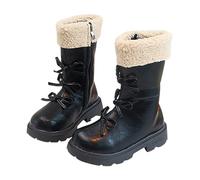 Size 2 Girls Boots Mid Calf Combat Ankle Boots Winter Side Zipper PU Leather Riding Boot with Bowknot Tall Boot Dress Shoes for Toddler Little Kid Big Kid Black