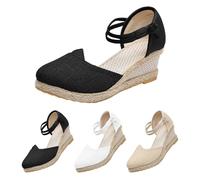 Size 3.5 Platform Closed Toe Wedge Heel Sandals for Women,Ladies Retro Chinese Beijing Style Hessian Pumps Jute-Rope Sandals with Toes Covered Footwear Black