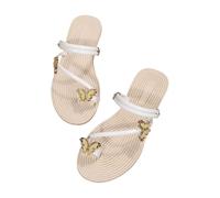 Size 3.5 WOMEN'S Rhinestone Sandals with Toe Loop Metallic Glitter Dressy Sparkly Strappy Toe Ring Slide Flats Sandal White Footwear Clearance