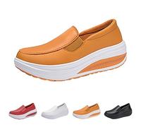 Size 3.5 Women's Smooth Leather Platform Wedge Heel Loafers Light Weight Slip on Loafers Casual Shoes Trainers Sneakers for Work Office Yellow Footwear Gift
