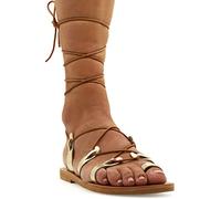 Size 3 Gold Emmanuela Ancient Greek Style Calf High Leather Sandals, Handmade Gladiator Tie up Sandals, Quality Strappy Summer Shoes, Boho Chic Toe Ring Lace up Sandals
