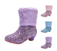 Size 3 Sparkly Glitter Boots for Girls with Heels Warm Lined Ankle Booties Side Zipper Faux Fur Winter Ankle Boots Sequin Snow Boot Christmas Short Booties Dress Shoes for Little Big Kids Purple