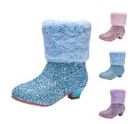 Size 3 Sparkly Glitter Boots for Girls with Heels Warm Lined Ankle Booties Side Zipper Faux Fur Winter Ankle Boots Sequin Snow Boot Christmas Short Booties Dress Shoes for Little Kids Big Kids Blue