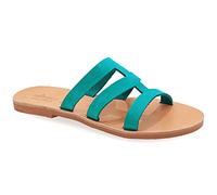 Size 3 Turquoise Emmanuela Greek Style Sandals, Handmade Leather Open Toe Flat Sandals, Slide on Strappy Summer Shoes for Women, Boho Chic Slider Sandals, Slip on Cross Strap Mules