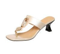 Size 4.5 Diamond Heeled Flip Flops for Women Thong Strappy Sandal Summer Mules Mid Heels Square Toe Flip Flops Slip on Toepost Sandals for Wedding Party Dress Beige Sandle Footwear Gift