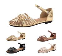 Size 4.5 Womens Caged T Strap Closed-Toe Flat Sandals Hollow Toe T Bar Strap Buckle Roman Vintage Casual Fisherman Sandals Walking Sandal C1_Gold