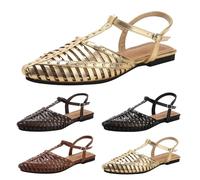 Size 4.5 Womens Caged T Strap Closed-Toe Flat Sandals Hollow Toe T Bar Strap Buckle Roman Vintage Casual Fisherman Sandals Walking Sandal B1_Gold