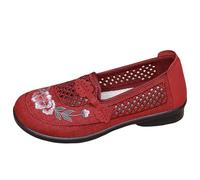 Size 4.5 WOMEN'S Embroidery Flower Slip-On Mesh Loafers Dress Shoes Pumps Retro Round Toe Ballerinas for Ladies Casual Work Shoes Comfort Soft All Day Comfy Red Footwear Clearance