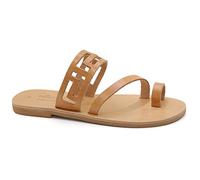 Size 4 Beige Emmanuela Ancient Greek Handmade Leather Flat Ring Toe Sandals with Meanders, Quality Slide on Strappy Summer Shoes for Women, Open Toe Sliders, Boho Chic Mules