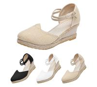 Size 4 Platform Closed Toe Wedge Heel Sandals for Women,Ladies Retro Chinese Beijing Style Hessian Pumps Jute-Rope Sandals with Toes Covered Footwear Beige