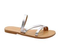 Size 4 Silver Emmanuela Ancient Greek Handmade Leather Flat Sandals with Meanders, Quality Slide on Strappy Summer Shoes for Women, Open Toe Sliders, Boho Chic Mules