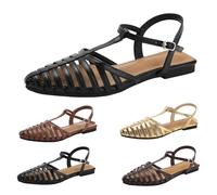Size 4 Womens Caged T Strap Closed-Toe Flat Sandals Hollow Toe T Bar Strap Buckle Roman Vintage Casual Fisherman Sandals Walking Sandal D1_Black