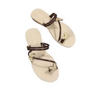 Size 4 WOMEN'S Rhinestone Sandals with Toe Loop Metallic Glitter Dressy Sparkly Strappy Toe Ring Slide Flats Sandal Brown Footwear Clearance