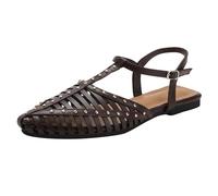 Size 5.5 Womens Caged T Strap Closed-Toe Flat Sandals Hollow Toe T Bar Strap Buckle Roman Vintage Casual Fisherman Sandals Walking Sandal B1_Coffee