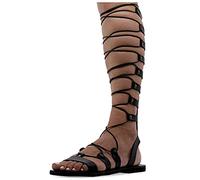 Size 5 Black Emmanuela Ancient Greek Style Knee High Leather Sandals, Handmade Open Toe Flat Gladiator Sandals, Quality Tie up Strappy Summer Shoes for Women, Boho Chic Sandals