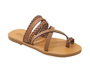 Size 5 Dark Brown Emmanuela Greek Style Sandals with braided parts, Quality Handmade Leather Toe Ring Flat Sandals, Slide on Summer Shoes for Women, Boho Chic Slider Sandals