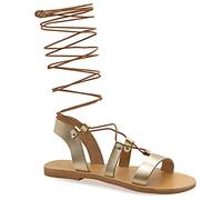 Size 5 Gold Emmanuela Ancient Greek Style Knee High Leather Sandals, Handmade Open Toe Flat Gladiator Sandals, Quality Tie up Strappy Summer Shoes for Women, Boho Chic