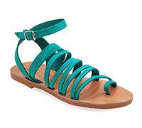 Size 5 Turquoise Emmanuela Ancient Greek Sandals, Quality Handmade Leather Toe Ring Flat Sandals, Adjustable Buckle Strappy Sandals, Ankle Strap Summer Shoes, Boho Chic Cuff Sandals