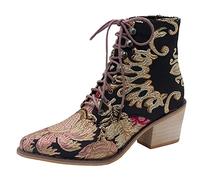 Size 5 Women Vintage Ankle Booties Lace up Pointed Toe Floral Embroidered Stacked Block Heel Cowboy Boots Western Cowgirl Booties Ethnic Retro Stylish Footwear Gifts Gold