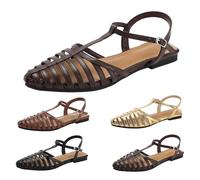 Size 5 Womens Caged T Strap Closed-Toe Flat Sandals Hollow Toe T Bar Strap Buckle Roman Vintage Casual Fisherman Sandals Walking Sandal D1_Coffee