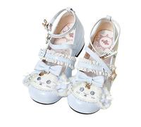 Size 6.5 Girl's Japanese Sweet Lolita Low Chunky Heels Mary Jane Round Toe Bow Strappy Kawaii Princess Shoes Pumps Cute Ankle Strap Wedding Lace Pumps Light Blue