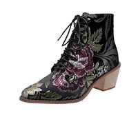 Size 6.5 Women Vintage Ankle Booties Lace up Pointed Toe Floral Embroidered Stacked Block Heel Cowboy Boots Western Cowgirl Booties Ethnic Retro Stylish Footwear Gifts Black 2