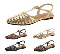 Size 6.5 Womens Caged T Strap Closed-Toe Flat Sandals Hollow Toe T Bar Strap Buckle Roman Vintage Casual Fisherman Sandals Walking Sandal D1_Gold