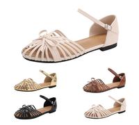 Size 6 Womens Caged T Strap Closed-Toe Flat Sandals Hollow Toe T Bar Strap Buckle Roman Vintage Casual Fisherman Sandals Walking Sandal C1_Beige