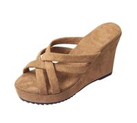 Size 6 Women's Wedge Platform Slide on Sandals Mules Open Toe Suede Crisscriss Strappy Platfrom High Wedge Slip on Sandals Dress Summer Slippers Shoes Khaki Sandle Footwear Gift