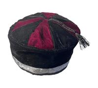 Size 61cm, X Large, Handmade Nepalese Burgundy Red and Black Velvet Smoking Cap with Traditional Tibetan Design, Lightweight, Stylish Design
