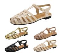 Size 7.5 Women's Closed Toe Flat Sandals Caged T Strap Comfortable Adjustable Buckle Hollow out Roman Fisherman Gladiator Sandal Vintage Casual Beach Sandals Ladies Footwear UK 3.5-8 002_Beige