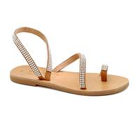 Size 7 Beige Emmanuela Greek Handmade Leather Rhinestone Sandals, Quality Slip On Summer Shoes for Women, Open Toe Ankle Strap Flat Strappy Sandals, Wedding Bridal Ornamented Sandals