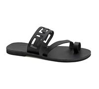 Size 7 Black Emmanuela Ancient Greek Handmade Leather Flat Ring Toe Sandals with Meanders, Quality Slide on Strappy Summer Shoes for Women, Open Toe Sliders, Boho Chic Mules
