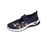Size 7 Flower Embroidery Mary Jane Sneakers for Ladies WOMENS Woven Orthopedic Shoes Light Weight Walking Elastic Trainers Low Top Sports Work Shoes Blue Footwear Clearance