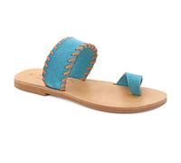 Size 7 Turquoise Emmanuela Greek Suede Leather Embroided Toe Ring Sandals, Quality Handmade Slide on Strappy Summer Shoes for Women, Open Toe Sliders, Boho Chic Slider Mules