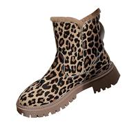 Size 7 Women's Walking Boots Zip Flat Low Block Heel Ladies Faux Fur Lined Suede Ankle Booties Side Zipper Vintage Snow Boots Flat Heel Winter Walking Shoes Outdoor Short Booties Leopard Brown