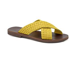 Size 7 Yellow Emmanuela Ancient Greek Leather Flat Sandals, Quality Handmade Slide on X Strap Summer Shoes for Women, Open Toe Sliders, Boho Chic Mules