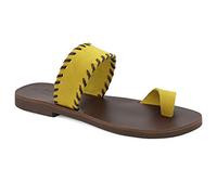 Size 7 Yellow Emmanuela Greek Suede Leather Embroided Toe Ring Sandals, Quality Handmade Slide on Strappy Summer Shoes for Women, Open Toe Sliders, Boho Chic Slider Mules