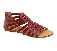 Size 8 Red Emmanuela Ancient Greek Style Anlkle High Leather Sandals, Handmade Gladiator Sandals, Quality Strappy Summer Shoes with Rear Zipper at Shaft, Boho Open Toe Sandals