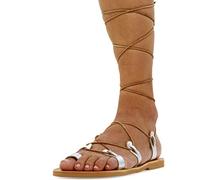 Size 8 Silver Emmanuela Ancient Greek Style Calf High Leather Sandals, Handmade Gladiator Tie up Sandals, Quality Strappy Summer Shoes, Boho Chic Toe Ring Lace up Sandals