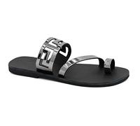 Size 8 Silver mirror Emmanuela Ancient Greek Handmade Leather Flat Ring Toe Sandals with Meanders, Quality Slide on Strappy Summer Shoes for Women, Open Toe Sliders, Boho Chic Mules