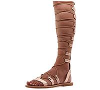 Size 9 Rose gold Emmanuela Ancient Greek Style Knee High Leather Sandals, Handmade Open Toe Flat Gladiator Sandals, Quality Tie up Strappy Summer Shoes for Women, Boho Chic Sandals