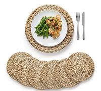 (Sizes:12"-13''-14''-15'') BLUEWEST Woven Placemats, Round Rattan Placemats, Water Hyacinth Braided Wicker Set, Heat Resistant & Non-Slip for Dining Plates (15'', Set of 6)