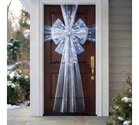 Sizi Large Grey Christmas Door Bow with Cool White LED Lights With Decorative Sash Bow for Front Door Window and Festive Displays
