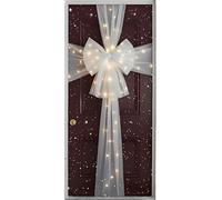 Sizi Silver LED Door Bow | Extra Large Light-Up Door Ribbon with Diamante Centre - Elegant Silver Fabric Gift Bow with Warm Lights for Christmas, Weddings, Birthdays & Celebrations - Indoor & Outdoor
