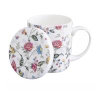 Sizikato Porcelain Mug with Lid, 10oz Bone China Milk Mug Coffee Mug, Colorful Floral Pattern
