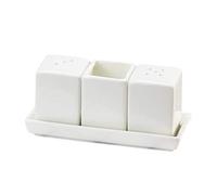 Sizikato Porcelain Shaker Set of 4: White Salt & Pepper Shakers, Toothpick Holder, Tray